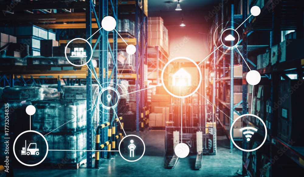 Fototapeta premium Smart warehouse management system with innovative internet of things technology to identify package picking and delivery . Future concept of supply chain and logistic network business .