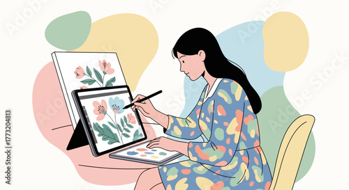 Digital Artist Creates Floral Illustration Using Tablet, In A Peaceful And Creative Environment