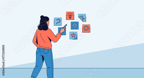 Creative Process Displayed By A Businesswoman Planning Strategy With Visualization Elements