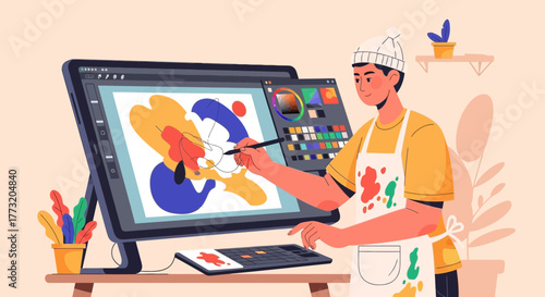 Digital Artist Creating Modern Art Using A Pen Tablet and Color Palette on Display