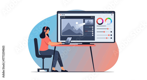 Digital Artist Using Computer and Headphones For Creative Editing Process Illustration