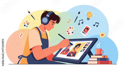 Creative Professional Drawing On Digital Tablet, Concept of Art, Design, And Illustration