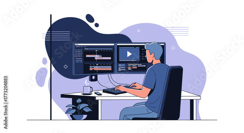Creative Professional Editing Video on Dual Display Monitors For Media Production Project
