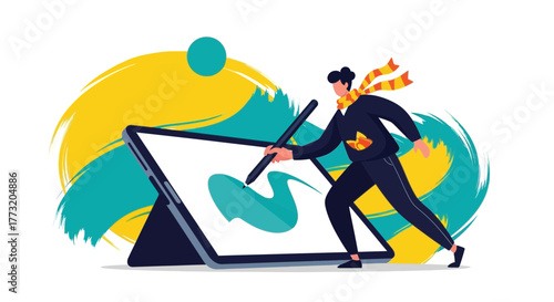 Creative Professional Illustrating Digitally on a Tablet with Vibrant Brushstroke Background