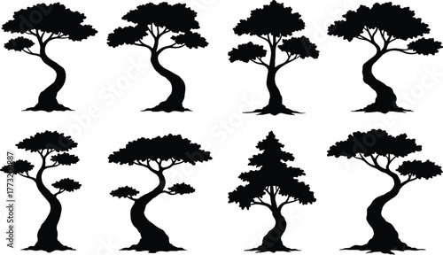 Stylized black tree silhouettes with diverse shapes and foliage, ideal for nature, forest, landscape, botanical, and decorative vector design.