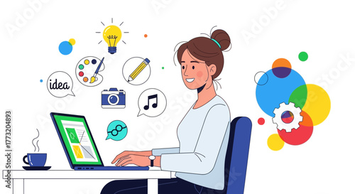 Creative Professional Working On A Laptop, Surrounded By Design and Idea Icons