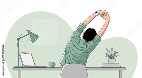 Employee Stretching At Desk, Work-Life Balance In Cozy Home Office Illustration