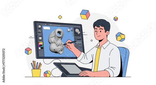 Graphic Designer Working On 3D Design Software, Creating Modern Digital Illustrations, At Work