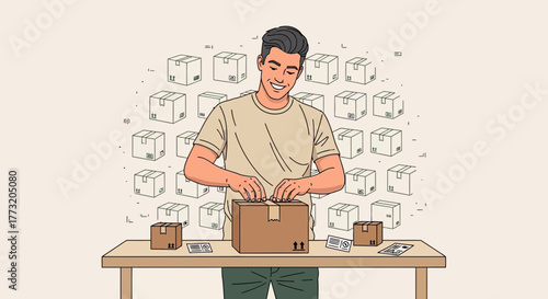Happy Man Unpacking: A Shipping Illustration for E-Commerce and Sales Business