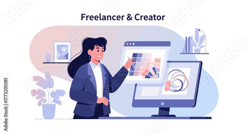 Empowered Freelancer Designing And Creating Visuals On A Digital Desktop Workspace