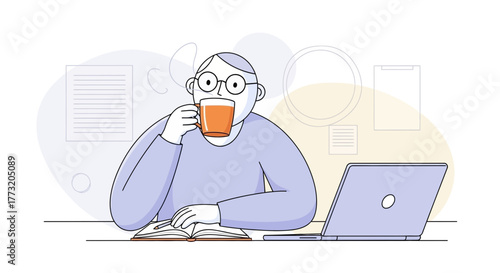 Illustrated Person Drinking, Studying, And Working With Coffee And Laptop
