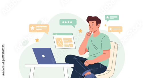 Man Contemplating While Using Laptop, Surrounded by Website Interface Ideas and Elements