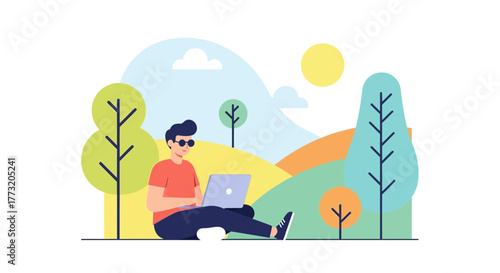 Man Enjoying Freelance Work Outdoors With Laptop In A Vibrant And Peaceful Setting