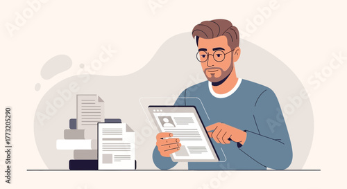 Man In Glasses Reviews Resume On Tablet In Modern Office Depicting Business Concept