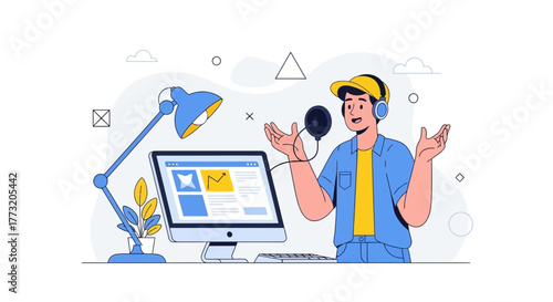 Online Broadcast Recording Session with Modern Equipment and Energetic Person