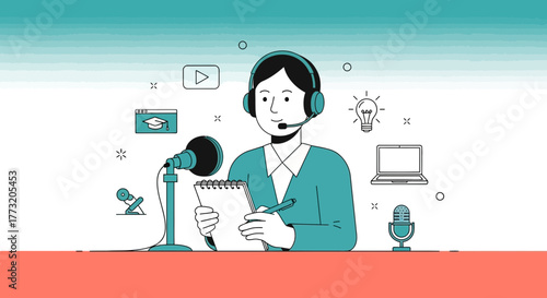 Online Broadcasting Illustration, Modern Podcast Content Recording And Educational Lectures