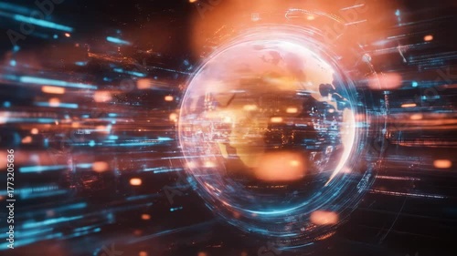 Abstract digital globe with data streams and futuristic technology