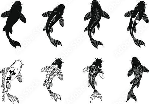 Stylized koi fish vector set featuring silhouette and detailed line art designs for Asian art, tattoo, and decorative themes