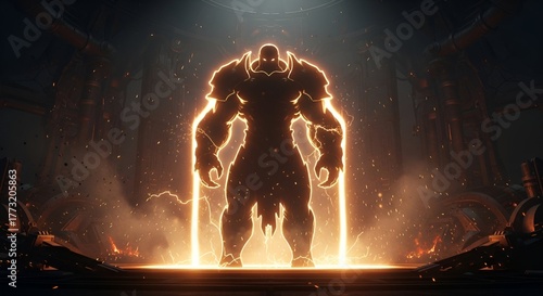 Silhouette of a powerful armored figure glowing with intense energy inside a dimly lit chamber