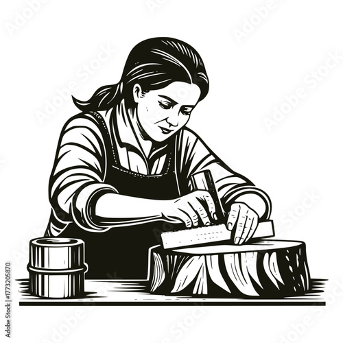 Powerful, expressive black and white image of a determined female artisan carving wood. Captures focus and traditional craftsmanship.
