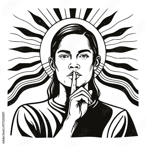 Intense, stylized black and white illustration of a person with a finger over their lips, signaling silence or secrecy. Powerful halo-like sunburst background.