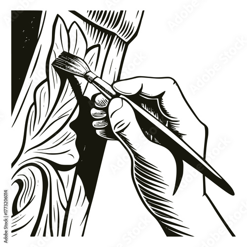 Hand holding a paintbrush, meticulously applying color or detail to ornate, Baroque-style wood carving or architectural molding, captured in a detailed black and white illustration.