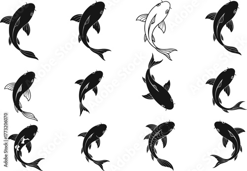 Stylized Koi Fish Vector Set in Black and White with Unique Poses, Tail Curves, and Fin Details for Tattoo Design