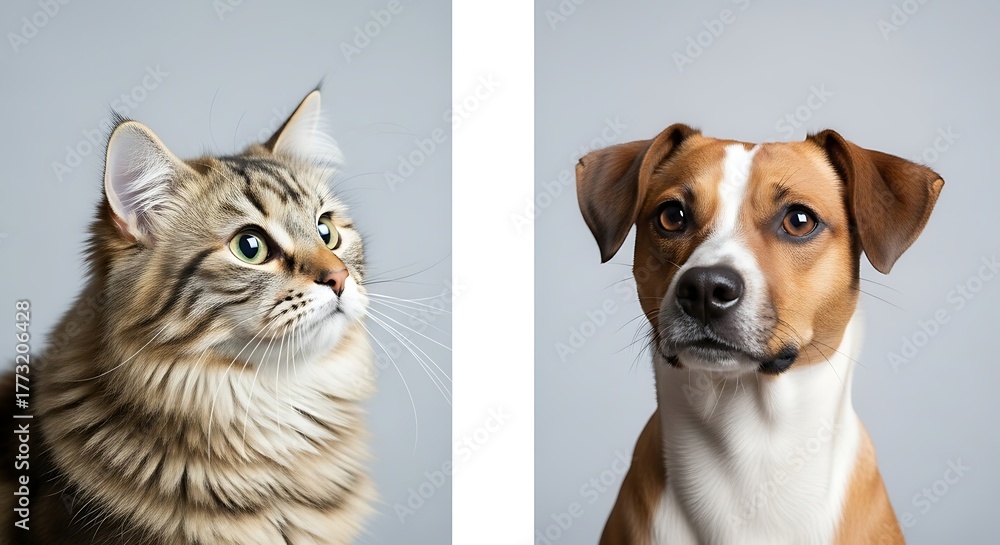 Fototapeta premium Veterinary or pet shop concept with cat, dog, and advertising area.