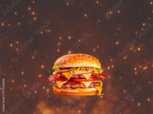 Juicy double cheeseburger with melted cheese, crispy bacon, fresh toppings, dramatically set against a fiery background, an appetizing hot and satisfying meal