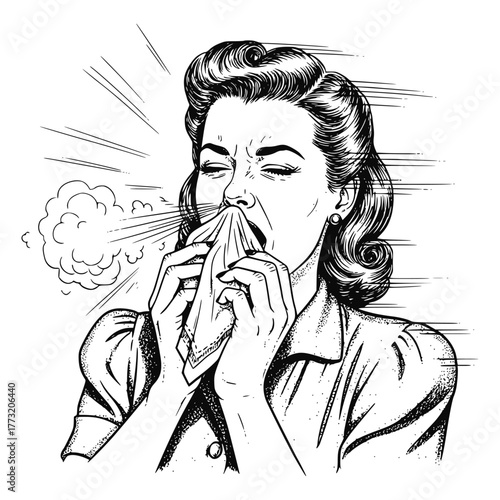 Dramatic black and white illustration of a woman sneezing violently into a handkerchief or tissue, captured in a dynamic vintage comic/pop art style, signifying illness or allergies.