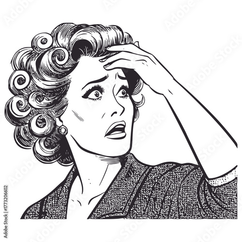 Dramatic vintage comic style illustration of a distressed woman with elaborate curly hair, holding her hand to her forehead to convey intense worry, shock, anxiety, or panic.