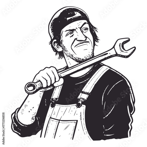 Grumpy mechanic or handyman in overalls and a cap, holding a large wrench over his shoulder with a skeptical expression. Ideal for themes of service, repair, labor, and working class.