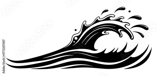 Bold, monochromatic ocean wave illustration with stylized foam and spray, conveying power, energy, motion, and a retro nautical aesthetic. Ideal for coastal themes.