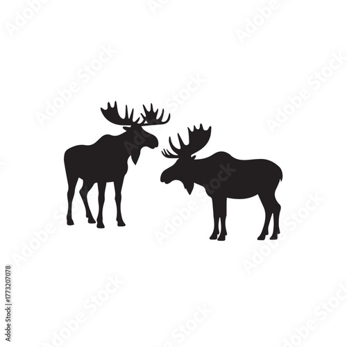 Set of black moose silhouettes in various poses.