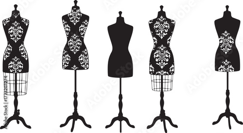 Black Silhouette Mannequins with Damask Pattern and Wire Cages on White Background dress form