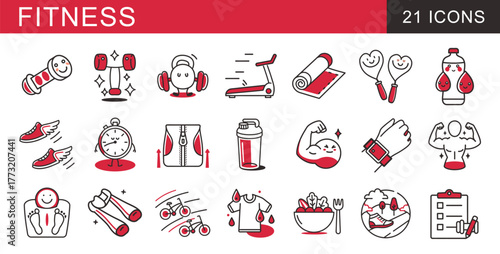 A comprehensive set of 21 line icons focused on fitness, gym equipment, weight loss, and healthy living. Includes symbols for weights, cardio, apparel, diet, and measurement with a vibrant red accent.