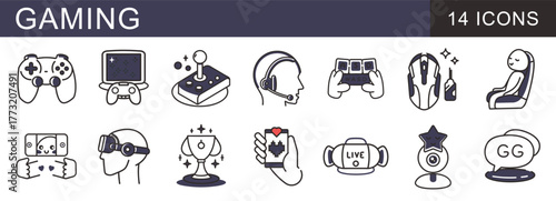 A versatile set of 14 linear icons representing the world of gaming and esports. Includes symbols for controllers, VR, streaming, PC peripherals, trophies, and competitive play with a dark, modern loo