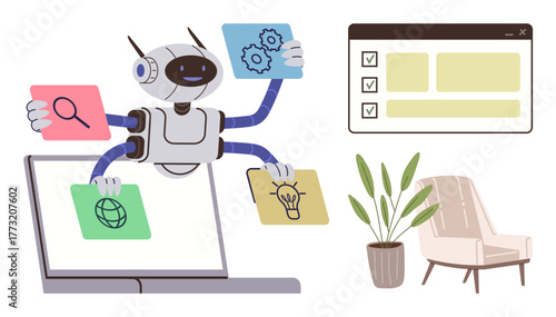 Robot managing tasks on a laptop, holding idea, search, settings, and global icons. Minimal furniture with checklist in background. Ideal for technology, productivity, AI automation remote work