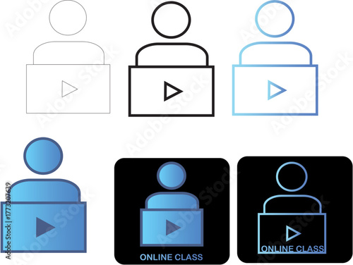 A diverse set of minimalist vector icons representing online classes and webinars. Symbols for e-learning, virtual lessons, and video tutorials