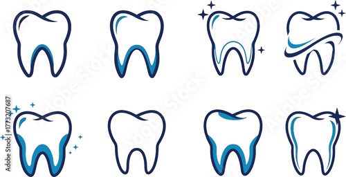 Set of Stylized Tooth Icons with Blue Outline and Sparkle Accents on White Background teeth dental