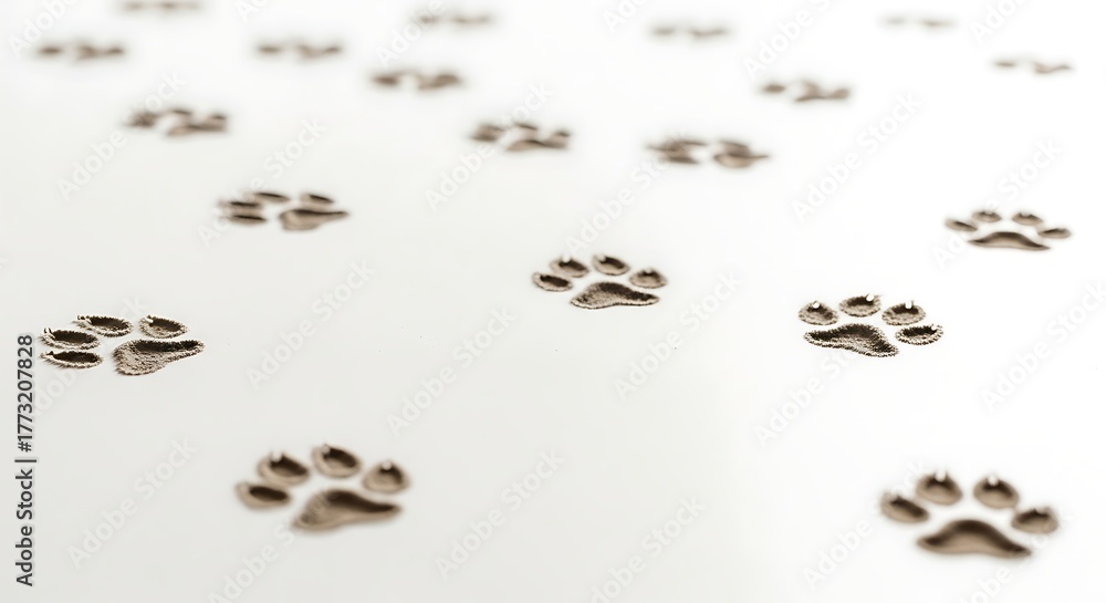 Obraz premium Multiple dog or cat paw prints creating a playful pattern on white.