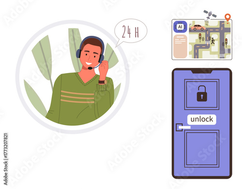 Call center worker with headset, city map for navigation, smart lock on a door. Ideal for customer service, navigation, smart technology, 247 support, security communication problem-solving. Simple