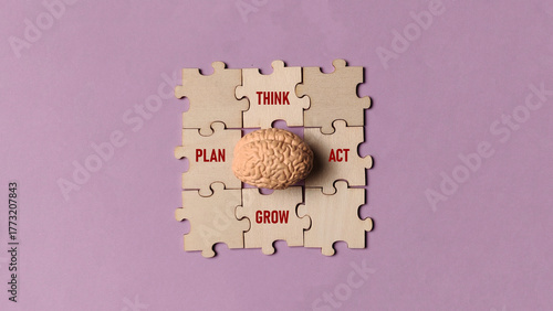 Brainstorming and Strategy Cycle Concept: Think, Plan, Act, and Grow Puzzle with Brain Model