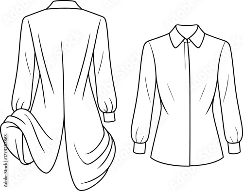 Women's blouse technical sketch, asymmetrical hem design, fashion flat drawing, garment template, vector illustration, sewing pattern, apparel CAD construction detail