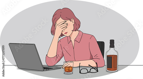 Stressed Woman with Laptop and Alcohol at Desk Overwhelmed by Work tired burnout