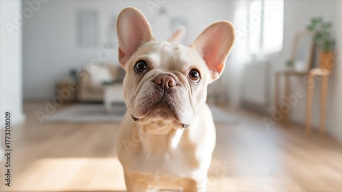 an adorable cream-colored french bulldog with its head tilted and ears perked