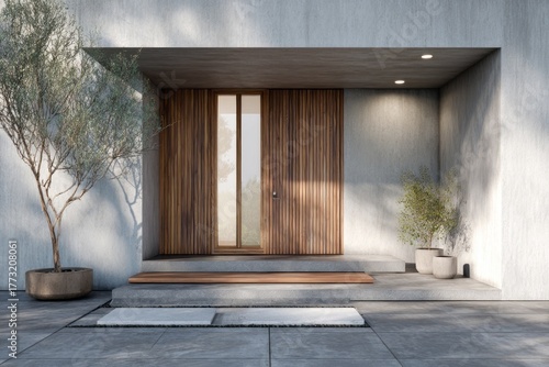Modern architectural entrance with wooden doors and natural light.