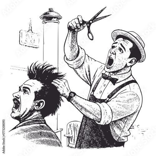 Humorous vintage engraved illustration of a terrified barber and a screaming customer during a chaotic haircut. A retro graphic depicting a comedy of errors in a classic barbershop setting.