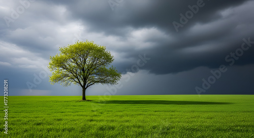 Stormy sky above green meadow with lone tree in rural landscape