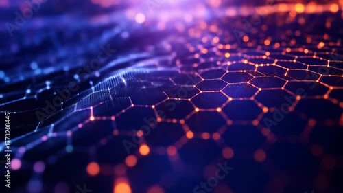Abstract digital network of interconnected hexagonal shapes in blue and orange